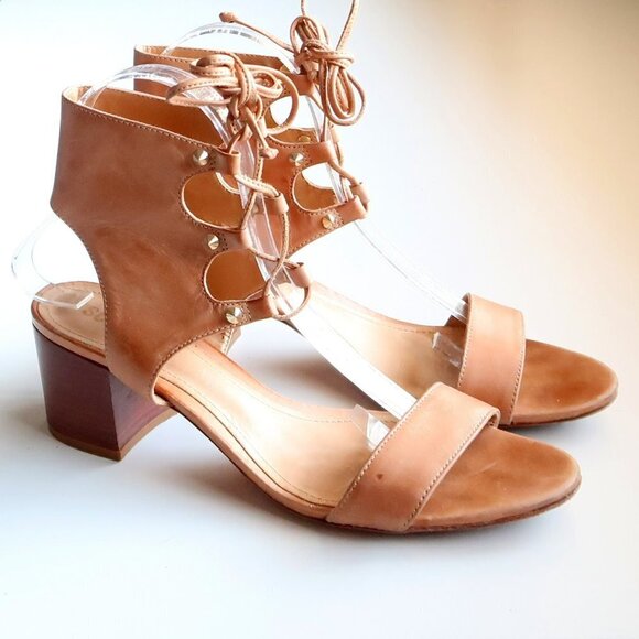 SCHUTZ Tan Leather Block Heel Open Toe Lace-up Gladiator Sandals Summer Shoes - Picture 1 of 14